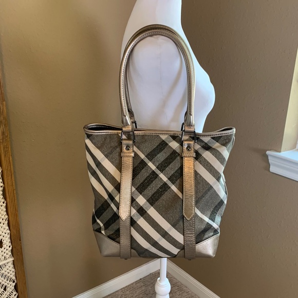 Burberry Metallic Beat Check Shimmer Canvas & Leather Snap Tote - Picture 1 of 16